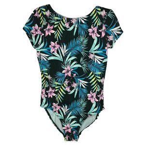 Art Class Girls Ribbed Tropical Black Floral Tie Back Swimsuit Size M (7/8) New!